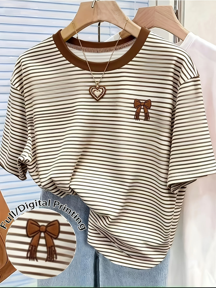 Brown And White Striped Women'S Printed Round Neck Short-Sleeved T-Shirt Style Women'S Top, Round Neck, Slim Fit, Fashionable And Versatile - Mixed colors