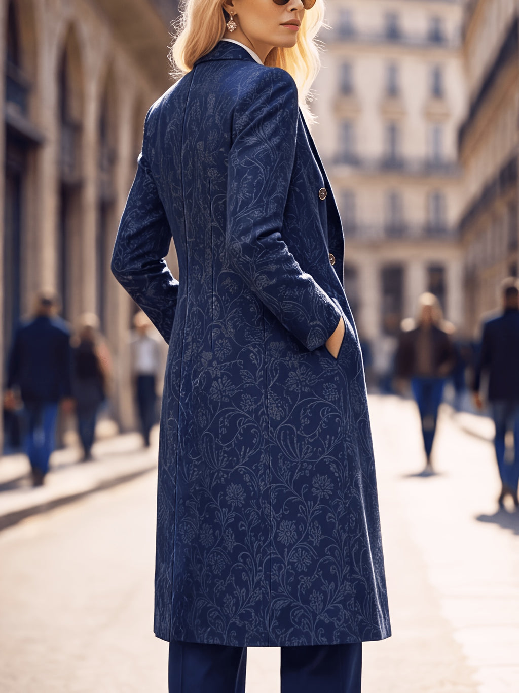 Women'S Spring Autumn New Vintage Printed Long Blazer, Double-Breasted Coat with Lining And Pockets - Purplish Blue