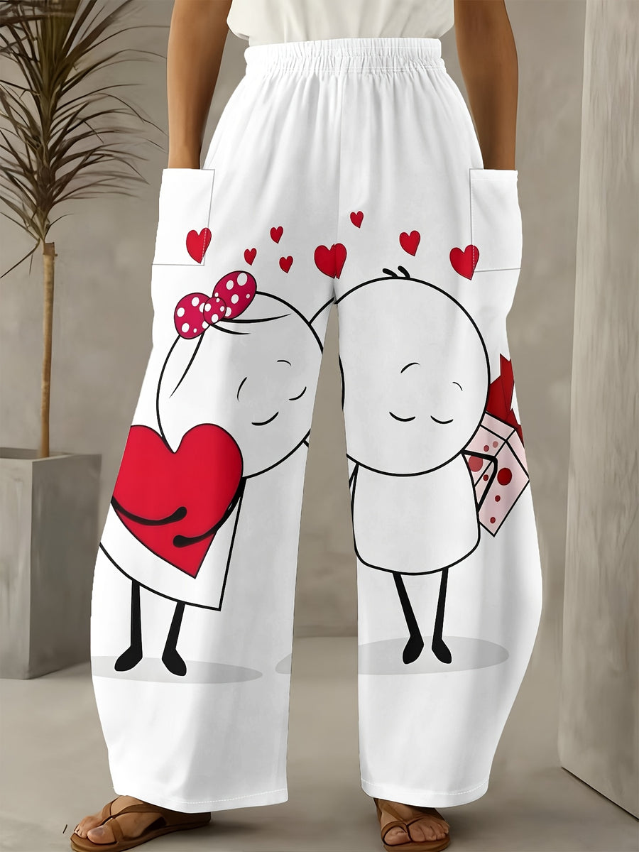 Cute Cartoon Couple And Hearts Print Wide Leg Pants Women'S Romantic Casual Fashion Trousers - White