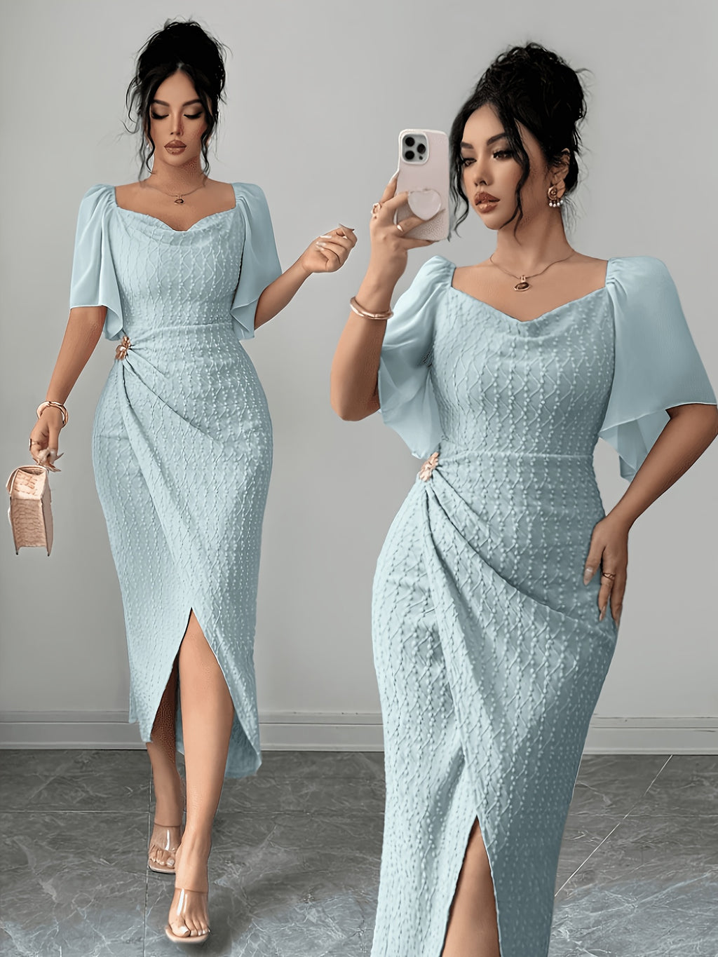 Women's Metal Buckle Block Color Block Ruffle Collar Fitted Elegant Dress, for Weddings, Dates, Occasions, Gatherings, Parties, Spring/Summer Style - Light Blue