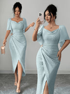 Women's Metal Buckle Block Color Block Ruffle Collar Fitted Elegant Dress, for Weddings, Dates, Occasions, Gatherings, Parties, Spring/Summer Style - Light Blue