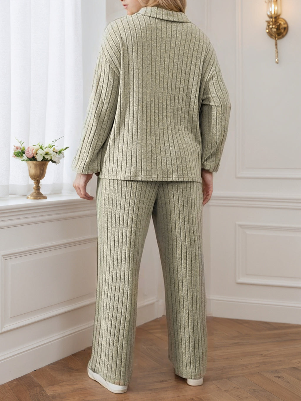 A Stylish And Casual Two-Piece Set for Women Featuring a Zip Collar Long-Sleeve Top And Wide-Leg Pants, Made from Soft, Skin-Friendly Fabric with a Vertical Stripe Texture, Perfect for Everyday Outings - Khaki