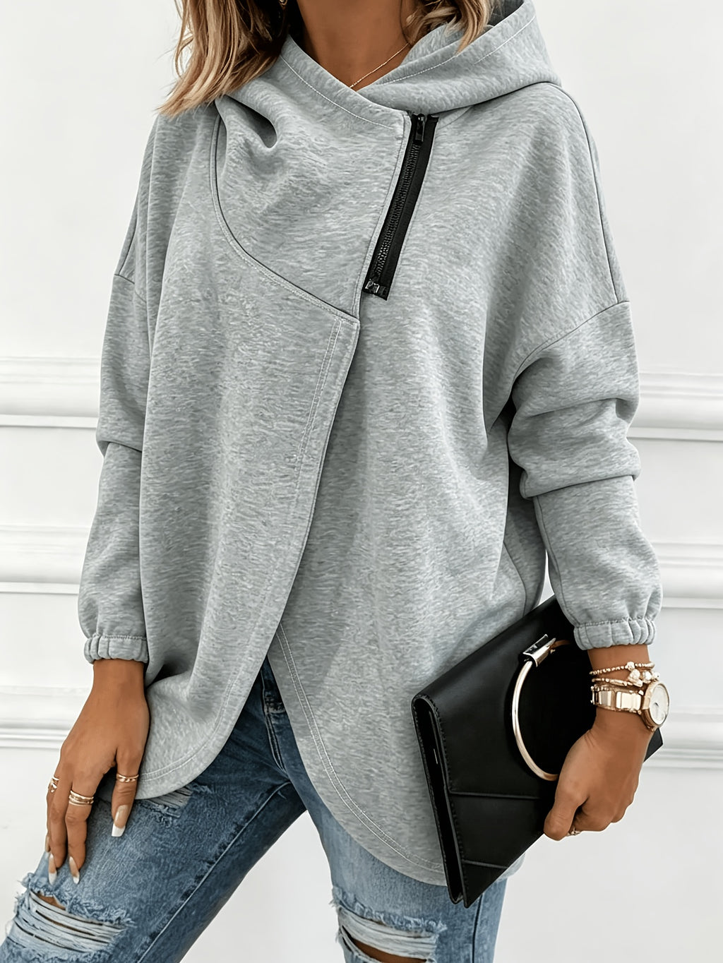 Women's Loose-Fit Long Hooded Casual Sweatshirt, Asymmetrical Diagonal Zip Wrap Style, Elastic Cuffed Sleeves, Curved Slit Hem Soft Long Pullover for Home, Commuting, and Outings - Light Grey