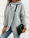 Women's Loose-Fit Long Hooded Casual Sweatshirt, Asymmetrical Diagonal Zip Wrap Style, Elastic Cuffed Sleeves, Curved Slit Hem Soft Long Pullover for Home, Commuting, and Outings - Light Grey