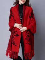 Pure Body Bust" Elegant Special Edition - 1pc Autumn/Winter New Arrival Women's Cardigan, Chinese Style Jacquard Color-Block Thickened Warm Windproof Batwing Sleeve Open Front Knitwear, Women's Elegant, Fashionable, and Versatile Fringe Shawl Sweater - Red