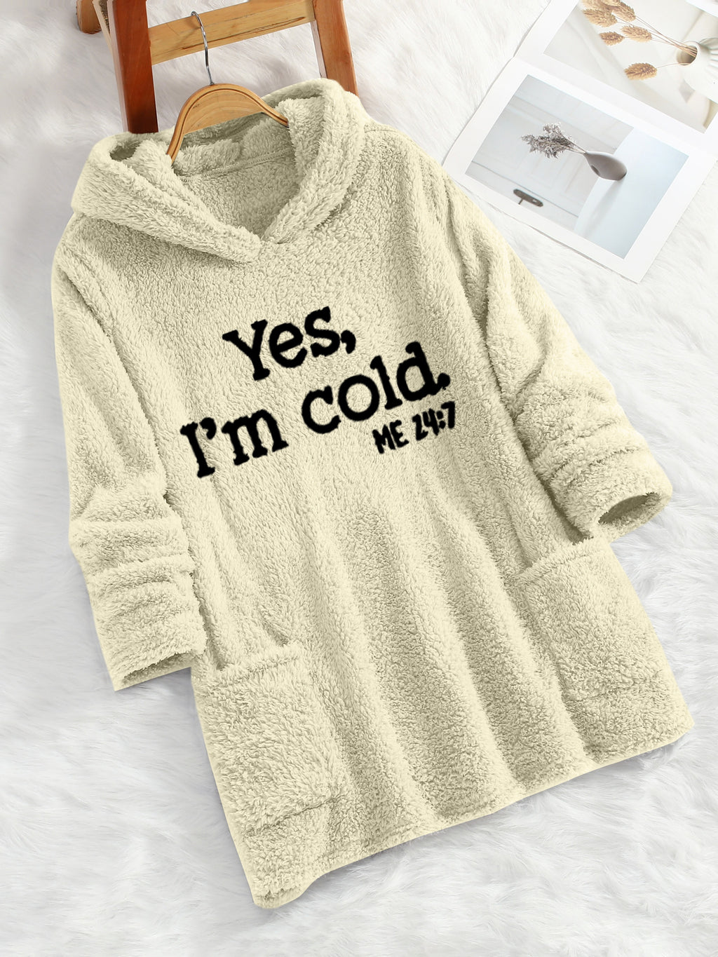 Women's "Yes I'm Cold" Printed Teddy Bear Hooded Sweatshirt - 100% Polyester Relaxed Fit Long Sleeve Pullover with Double Pockets, Cozy Fleece-Lined Casual Winter Top for Fall & Winter - Apricot