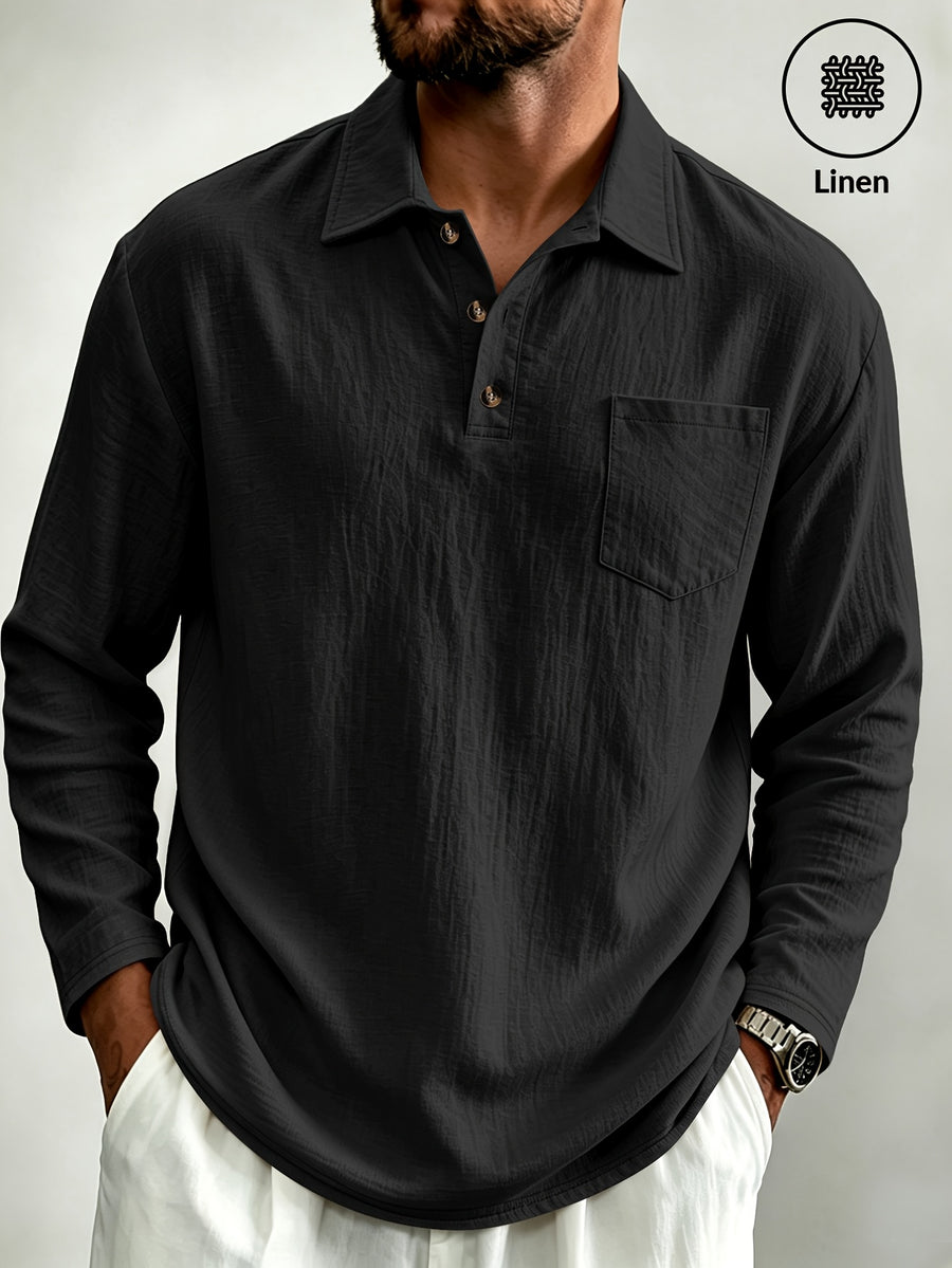 Men's Linen Long-Sleeve Polo ShirtTurn- Collar Three-Button Top with Chest Pocket, Loose Casual Daily T-Shirt - Black