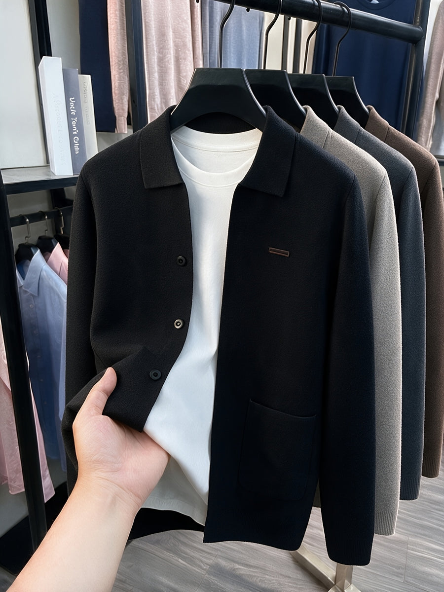 Du Jing Lan OBM Men's Autumn/Winter New Arrival Knitted Cardigan, Old Money Style Solid Color Single-Breasted Open Front Lapel Knit Cardigan, Men's Business Casual Fashion Open Front Knit Cardigan Top, Suitable for Layering in Spring - Black