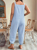 Standard Size Women's Spring/Summer Elegant and Fashionable Commuter Striped Pocket Cuffed Suspender Jumpsuit - Blue And White Stripes