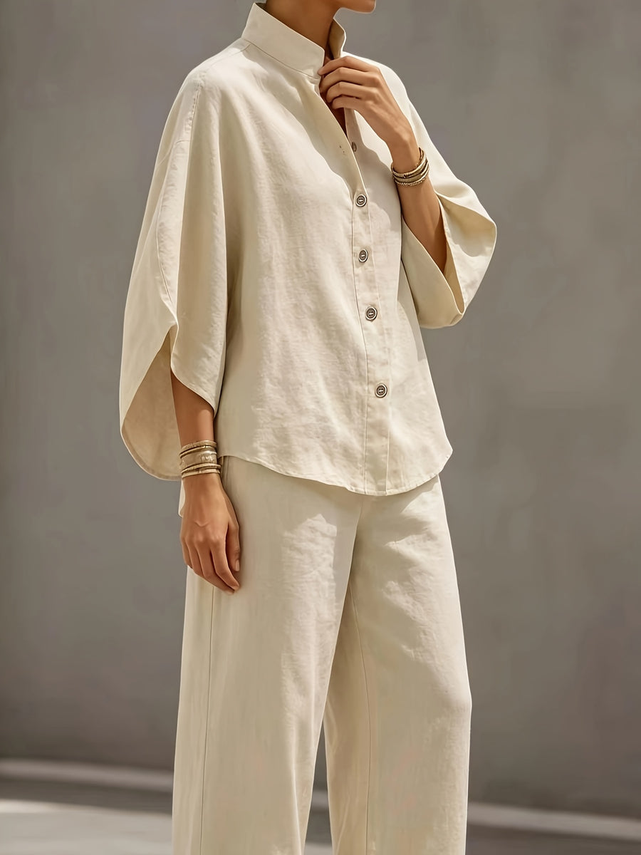 Women'S Light Apricot Stand Collar Batwing Short Sleeve Set, Single Button Loose Shirt And High-Waist Straight Wide-Leg Pants Casual Two-Piece - Off-white