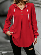 Waffle- Women's Sweatshirt with a Button- Placket at the Hooded Neckline, Creating a and Stylish Look. A Casual yet Elegant Hooded Sweatshirt—fashionable and Versatile - Scarlet red