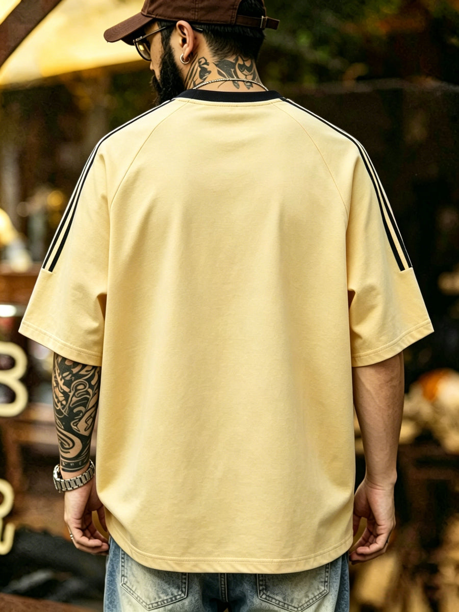 Summer Men'S Striped Street Style T-Shirt Casual Hip-Hop Round Neck Men'S Retro with Print Color-Block Collar Top Athletic Striped Short Sleeve - Yellow