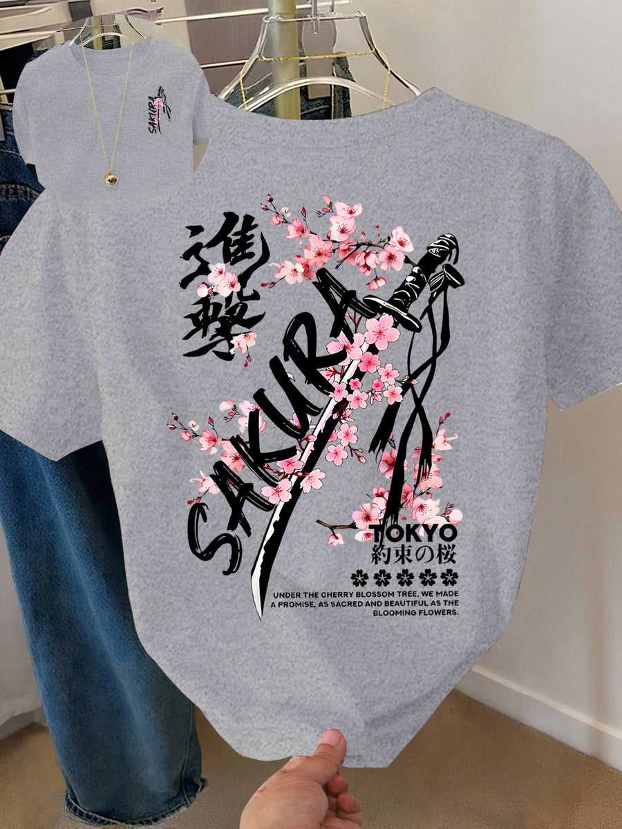 Women's Samurai Sword Print T-Shirt - Cherry Blossom & Katana Design Short Sleeve Round Neck -Compatible Fit Suitable for Spring Summer Fall Casual Wear, Machine Washable -Themed Outfits - Heather Grey