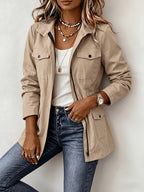 New Spring/Autumn Women's Casual Jacket with Workwear-Style Multiple Pockets, Waist-Cinching Fit, Versatile Outerwear - Khaki