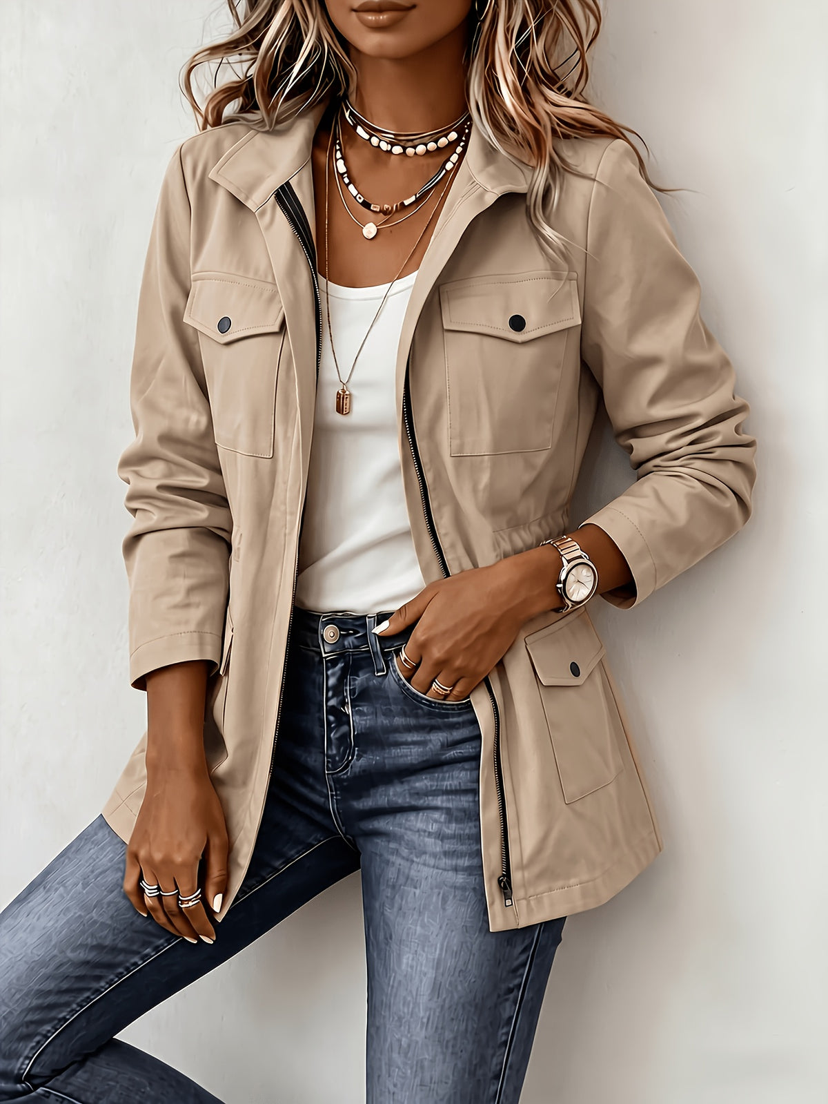 New Spring/Autumn Women's Casual Jacket with Workwear-Style Multiple Pockets, Waist-Cinching Fit, Versatile Outerwear - Khaki