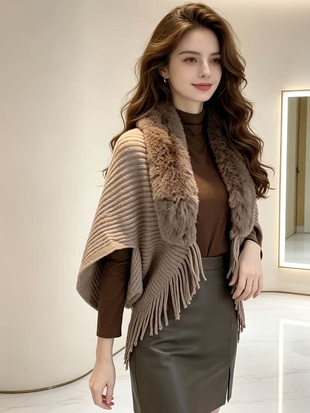 Women'S Cardigan, Autumn Winter Fashion Faux Tassel Cape Scarf Jacket - Lightweight Warm Outerwear for Parties, Office, Casual Wear - Elegant Autumnal Accessory, Trendy Scarf, Office Essential, Holiday Gift - Khaki
