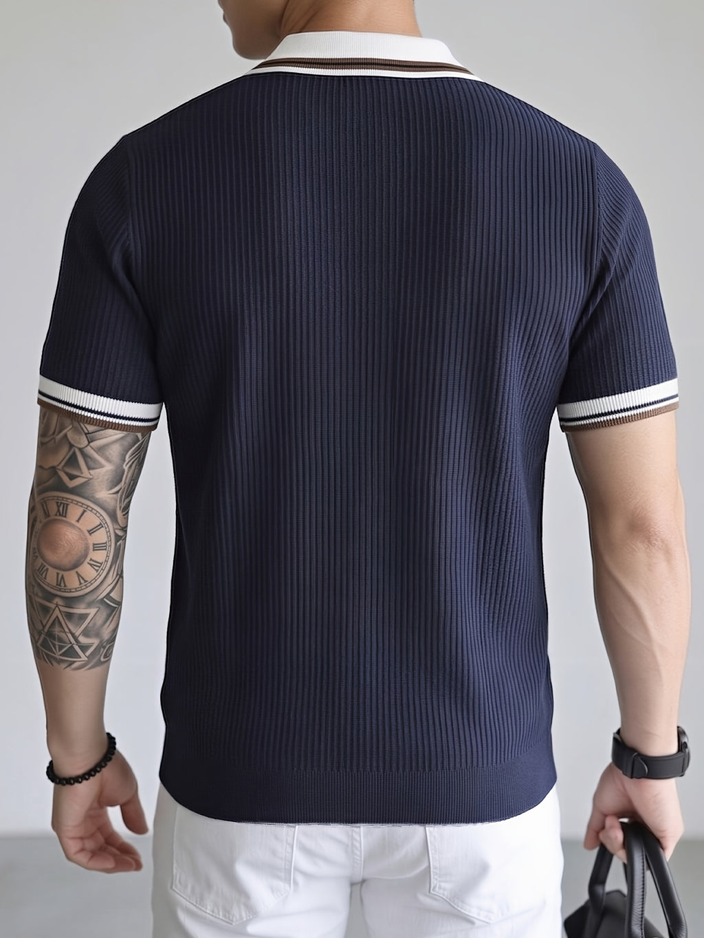 2pcs Men'S Textured Knit Polo Shirt Set, Contrast Striped Lapel V-Neck Breathable Preppy Golf Knit Short Sleeve - Navy Blue+Navy Blue