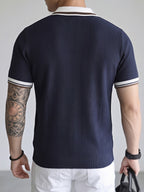 2pcs Men'S Textured Knit Polo Shirt Set, Contrast Striped Lapel V-Neck Breathable Preppy Golf Knit Short Sleeve - Navy Blue+Navy Blue