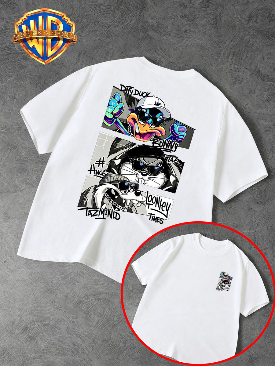 Warner Bros. Official Men's Casual T-Shirt with Double-Sided Print, Featuring a Spliced  Character Streetwear Graphic. Breathable and Comfortable, Versatile for Casual Wear. Print Is Durable, Crack-Resistant, Machine Washable, and Fade-Resistant. - White