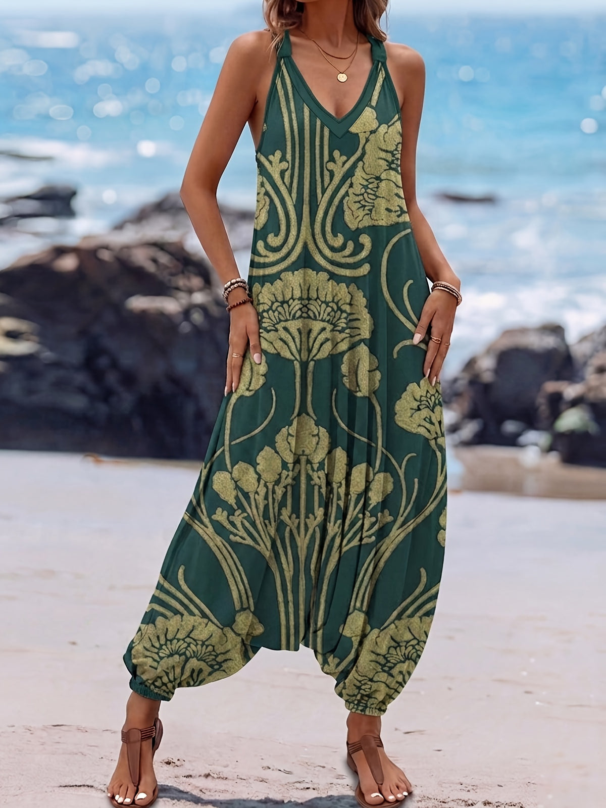 Women's Vintage Print Jumpsuit, Cross-Strap V-Neck Waist-Cinching Loose Fit, Flowy and, Bohemian Style, Beach Vacation, Artistic Outfit, Versatile and Elegant, Long Jumpsuit - Green
