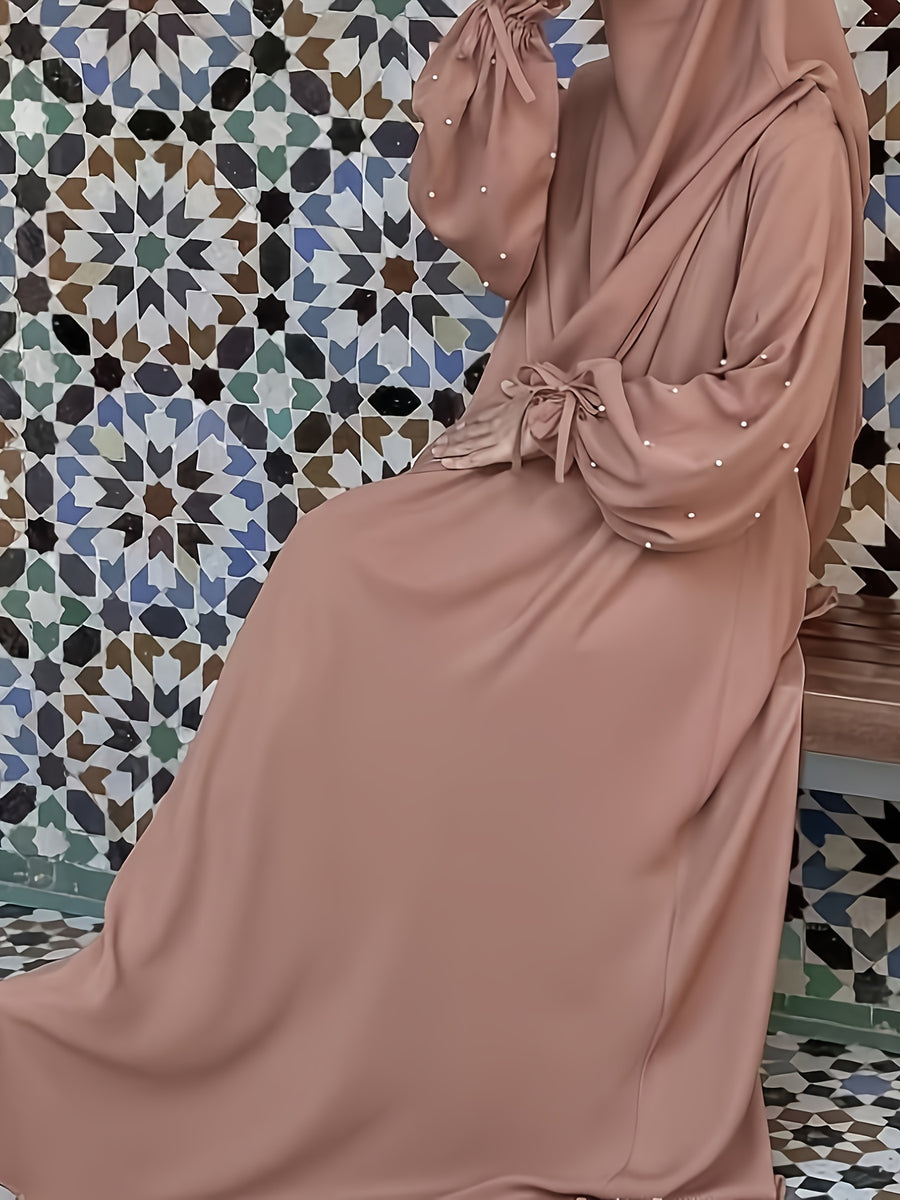 Middle Eastern Solid Color Women'S Robe with Pearl Sleeves Dress And Long Scarf 2pcs Set, Ideal for Women'S Daily Wear, Travel, And Ramadan - Sepia
