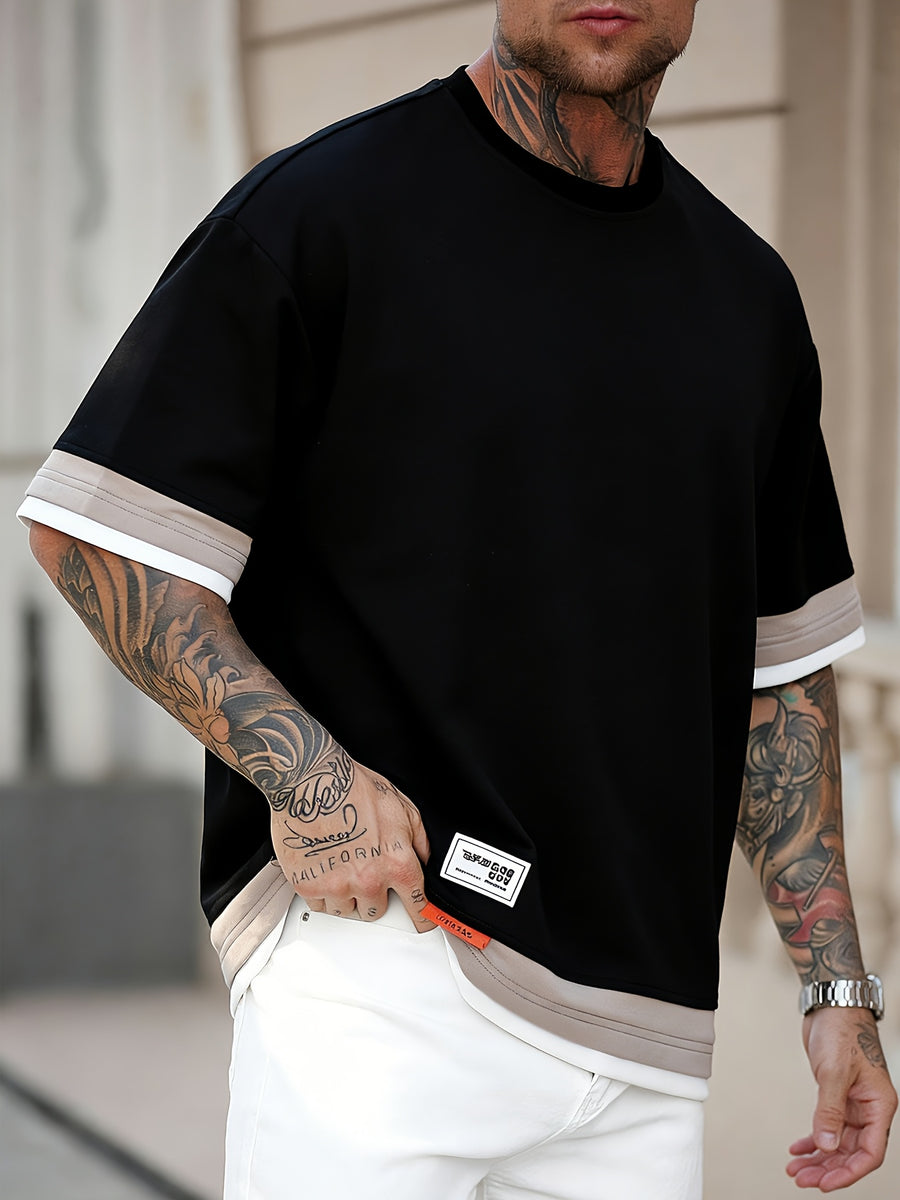 [Joshmay Obm] Summer Men'S Fake Two-Piece Contrast Short Sleeve T-Shirt, Loose Round Neck Trendy Casual Half Sleeve Top - Black