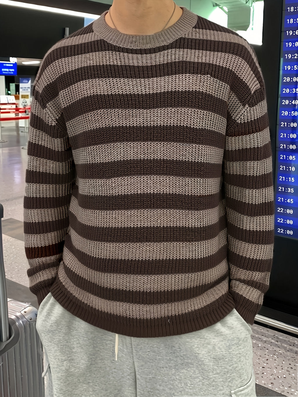 Spring/Autumn New Trendy Fashion Versatile Casual Men'S Knit Pullover Sweater, Easy Lazy Style Striped Aesthetic Casual Round Neck Sweater Long Sleeve, Office School Commute Vacation Street Dance Outfit - Khaki