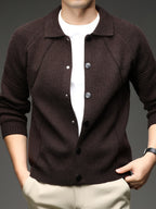[Xingfan] Autumn Winter Men'S Long Sleeve Cardigan Lapel Business Casual Solid Color Thick Knit Thickened Jacket - Coffee Color
