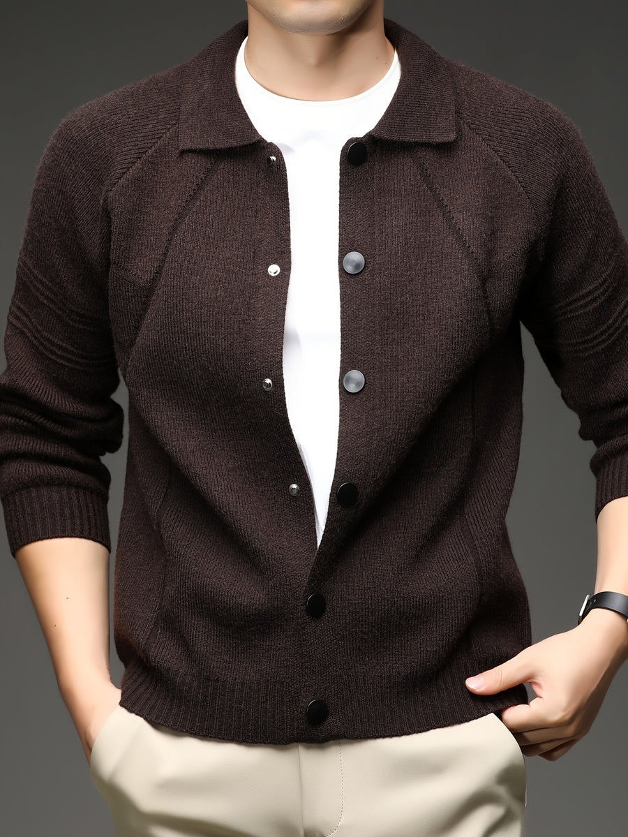 [Xingfan] Autumn Winter Men'S Long Sleeve Cardigan Lapel Business Casual Solid Color Thick Knit Thickened Jacket - Coffee Color