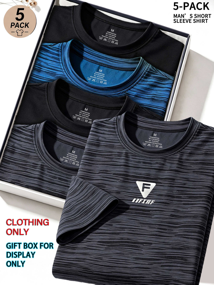 5pcs Men's Sports & Fitness Breathable Quick-Dry T-Shirts, Outdoor Travel Casual Running Printed Short-Sleeve Tees, Easy to Clean and Maintain, Lightweight T-Shirts for Daily Leisure and Gatherings, Classic Crew Neck Shirts - Dark Gray + Dark Gray + Black + Colorful Orchid + Black