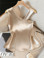 Women'S Elegant Asymmetrical Shoulder Textured Fabric Rose Floral Decoration Button Niche Design Vest Top - Champagne