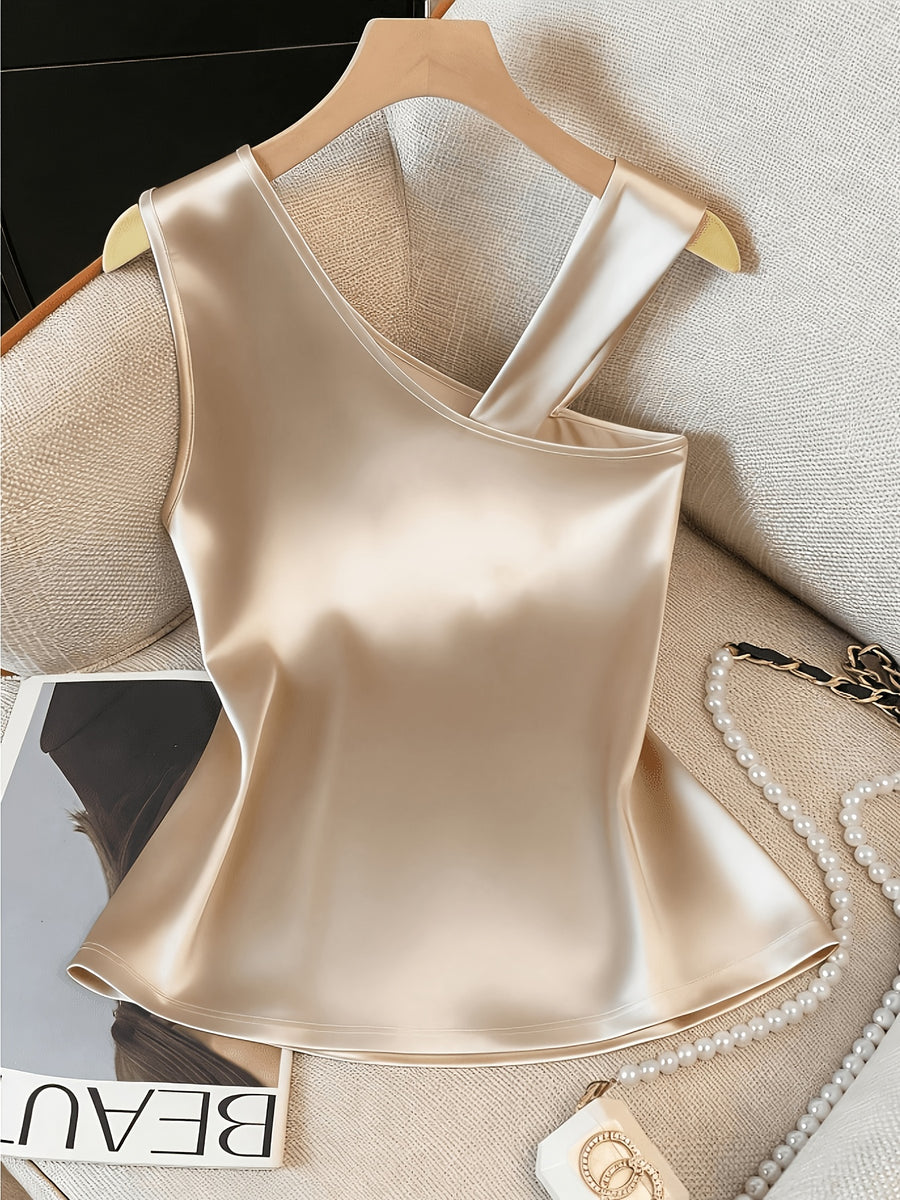 Women'S Elegant Asymmetrical Shoulder Textured Fabric Rose Floral Decoration Button Niche Design Vest Top - Champagne