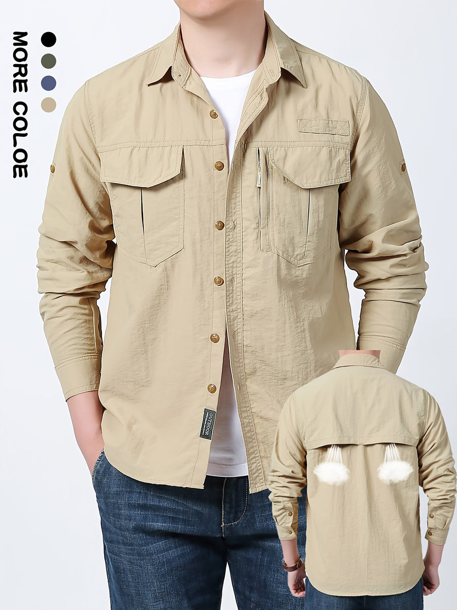 2025 Spring New Outdoor Fishing Long Sleeve Shirt Thin Multi-pocket Men's Workwear Shirt - Apricot