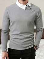 Men'S Contrast Color Long Sleeve Casual Commuter Polo Shirt, Men'S Casual Top Knit T-Shirt, POLO Shirt Cross-Design for Daily Leisure, Weekend Outings, Outdoor Activities, Travel And Adventure, Relaxed Work Environment, Or Semi-Formal Occasions - Grey