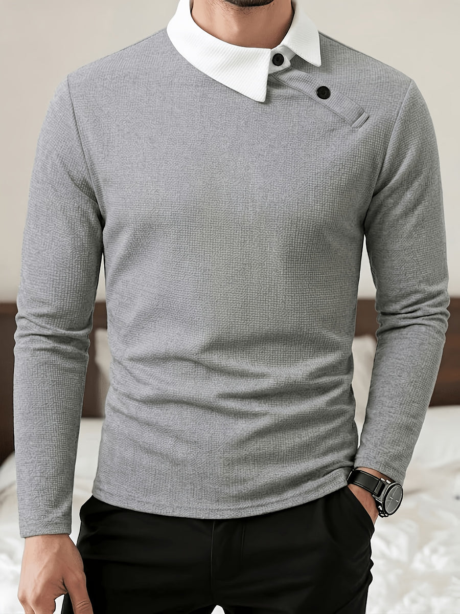 Men'S Contrast Color Long Sleeve Casual Commuter Polo Shirt, Men'S Casual Top Knit T-Shirt, POLO Shirt Cross-Design for Daily Leisure, Weekend Outings, Outdoor Activities, Travel And Adventure, Relaxed Work Environment, Or Semi-Formal Occasions - Grey