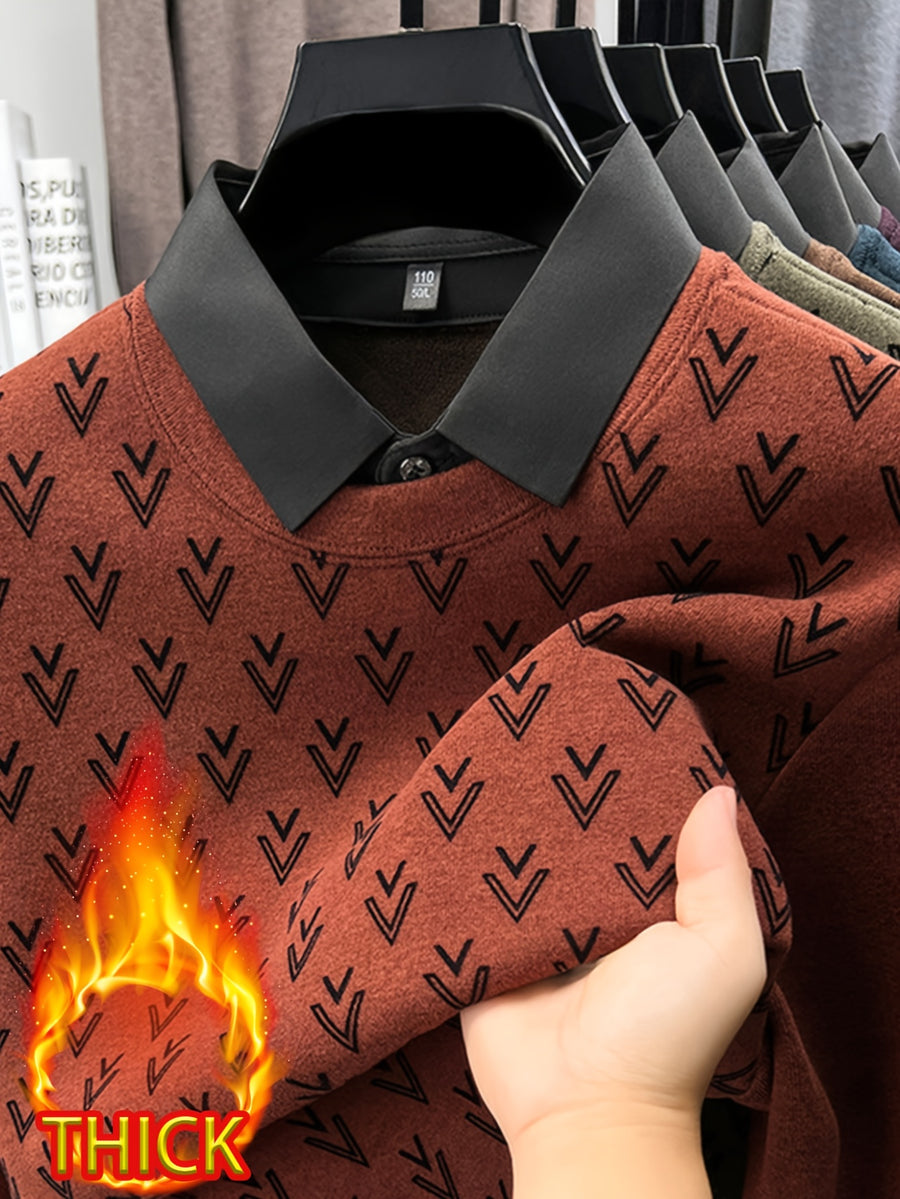 Thickened Men'S Shirt Collar Fake Two-Piece Sweater, Shirt Collar Fake Two-Piece Pullover, Long Sleeve, Ribbed Cuffs And Hem, Fall/Winter Outerwear And Inner Wear - SINBOS, Knit - Maple Red