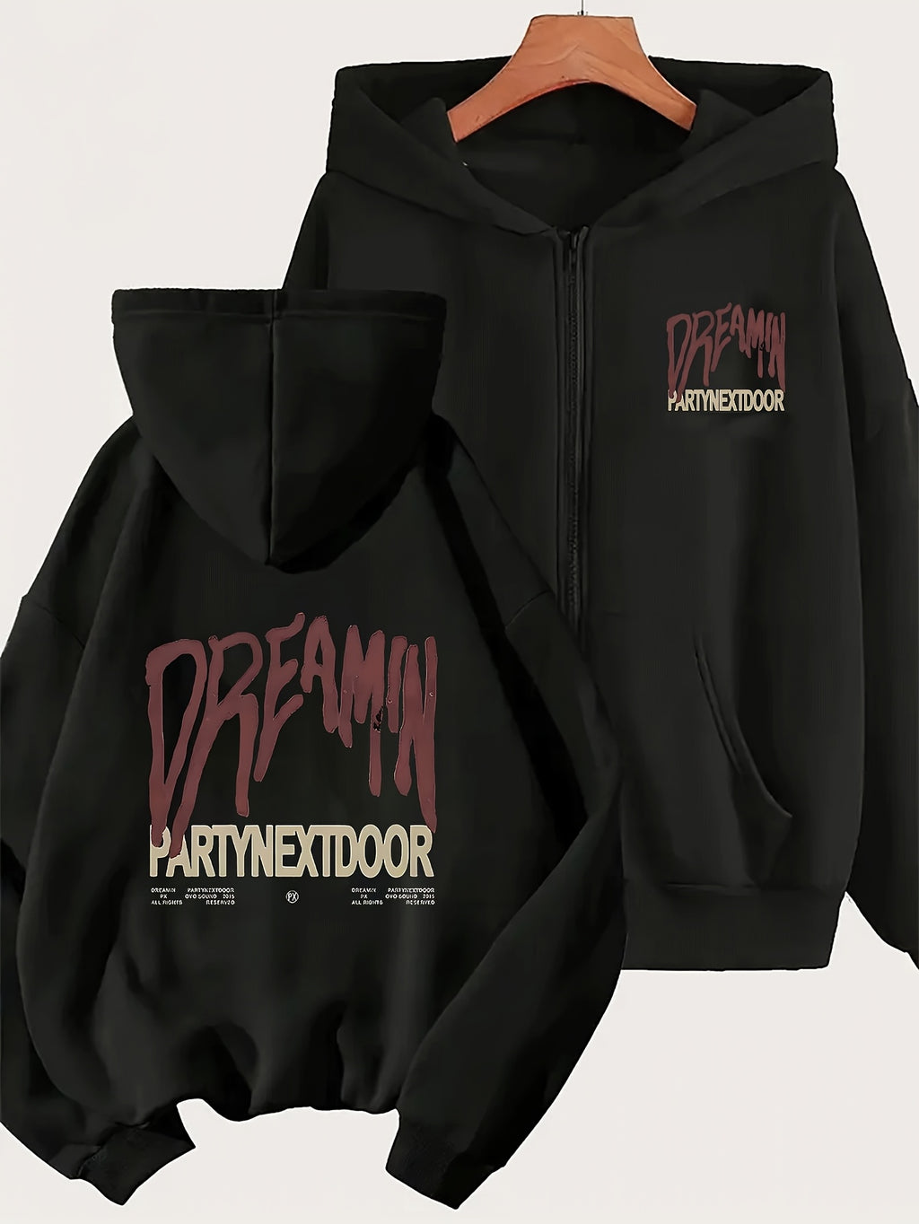1pc Black/Light Gray Hooded Zip-Up Sweatshirt, Women's PartyNextDoor Dreamy Text Print Casual Hooded Zip-Up Sweatshirt with Trendy Font Design, Perfect for Hip-Hop and Street Style Women, Ideal Holiday Gift, Birthday Gift, Suitable for Women - Black