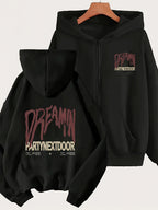1pc Black/Light Gray Hooded Zip-Up Sweatshirt, Women's PartyNextDoor Dreamy Text Print Casual Hooded Zip-Up Sweatshirt with Trendy Font Design, Perfect for Hip-Hop and Street Style Women, Ideal Holiday Gift, Birthday Gift, Suitable for Women - Black