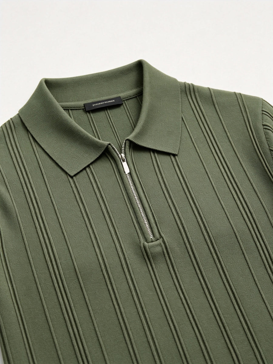 Elegant Half Zip Vertical Rib Knit Polo Shirt for Men, Lightweight Cool Collared Short Sleeve Top, Stretch Versatile Casual Blouse for Daily Multi-scene Outfits - fern green