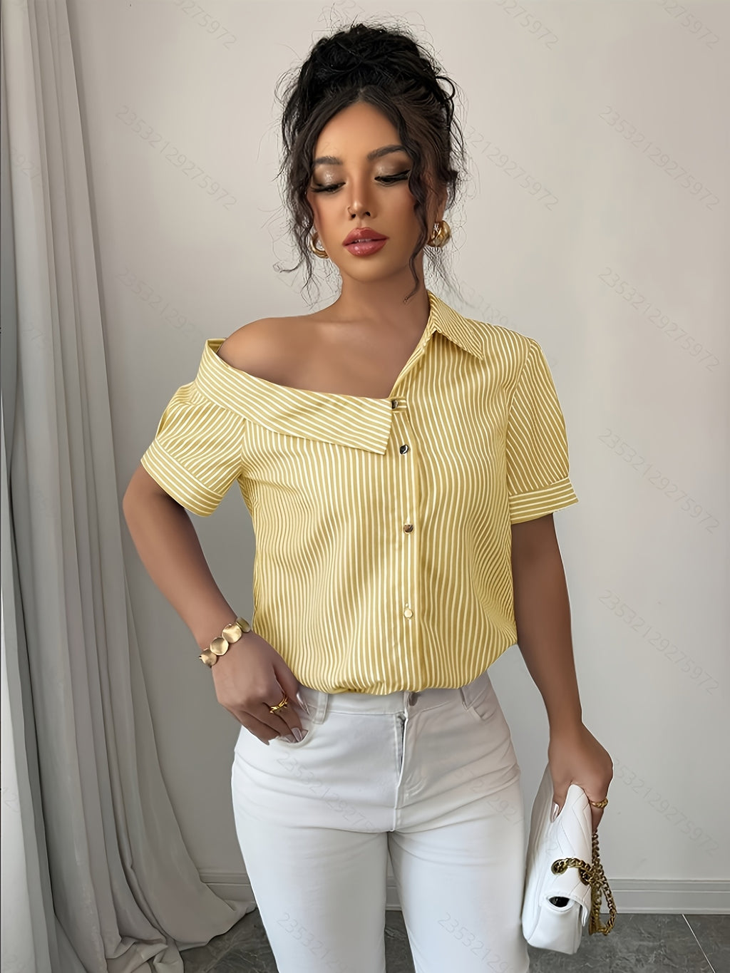 Casual Striped Off-the-Shoulder Shirt - Lemon Yellow