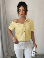 Casual Striped Off-the-Shoulder Shirt - Lemon Yellow