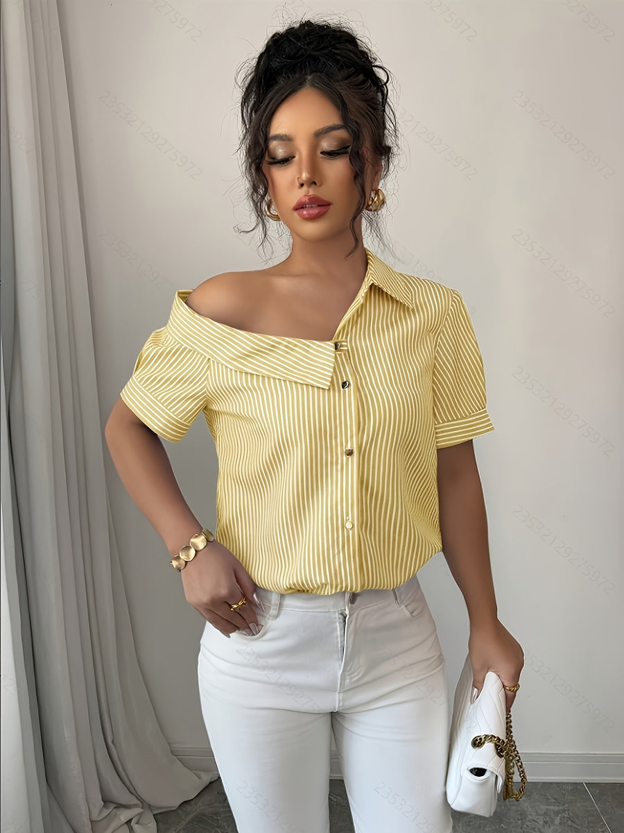 Casual Striped Off-the-Shoulder Shirt - Lemon Yellow