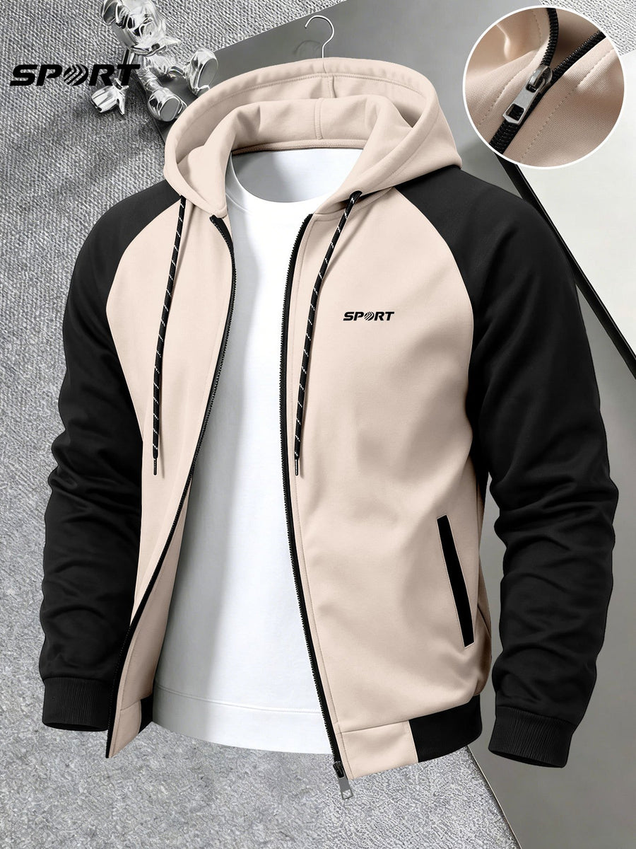 Men'S Trendy Spring Autumn Hooded Color-Block Jacket, Athletic Letter Print, Business Baseball Uniform Casual Hooded Jacket All-Match Top Two-Color Outerwear, Color-Block Jacket Shirt Hooded Coat - Apricot