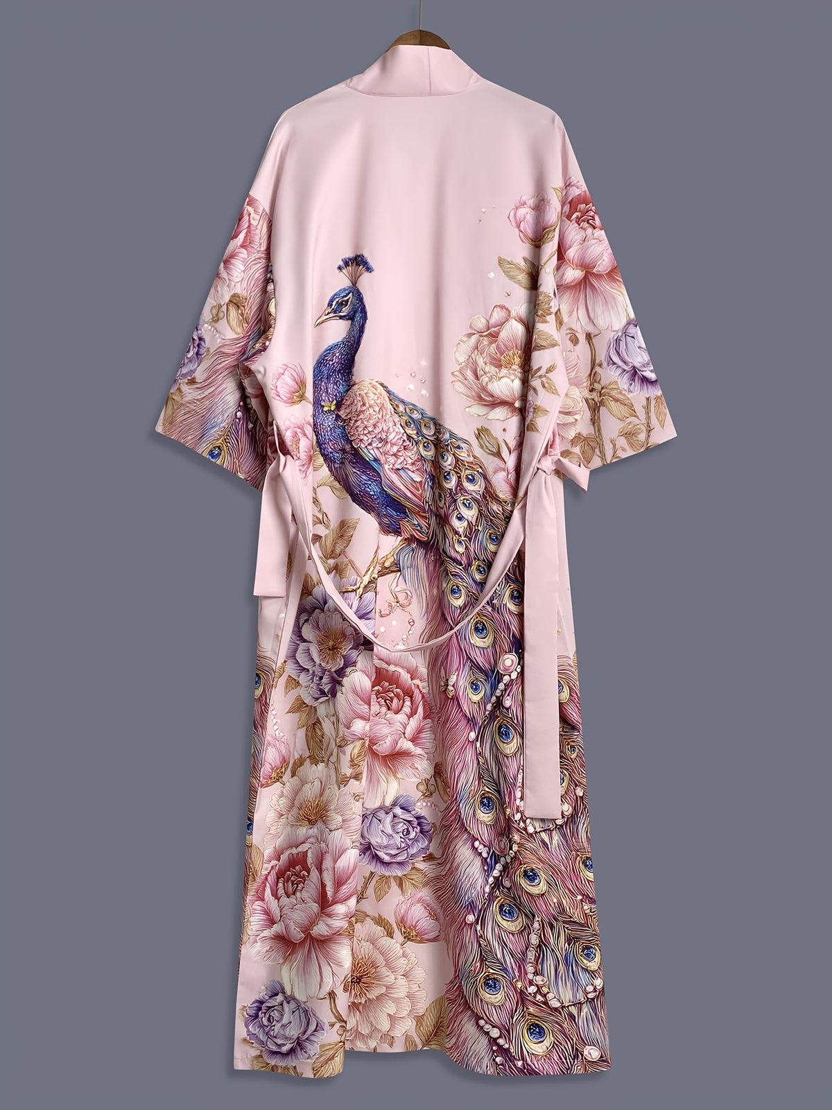 Japanese Peacock Pink Floral Print Mid-Length Kimono Cardigan Thin Jacket Women'S Western Elegant Party Ethnic Style Spring Summer Street Casual Cover-Up Outerwear Beach Travel Thin Shawl Coat Bathrobe Dress Robe Blouse - Pink Color