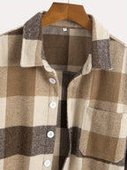 1pc of Plaid Casual Jacket, Casual Sports Jacket, Lapel Button Cardigan Jacket - Coffee Color