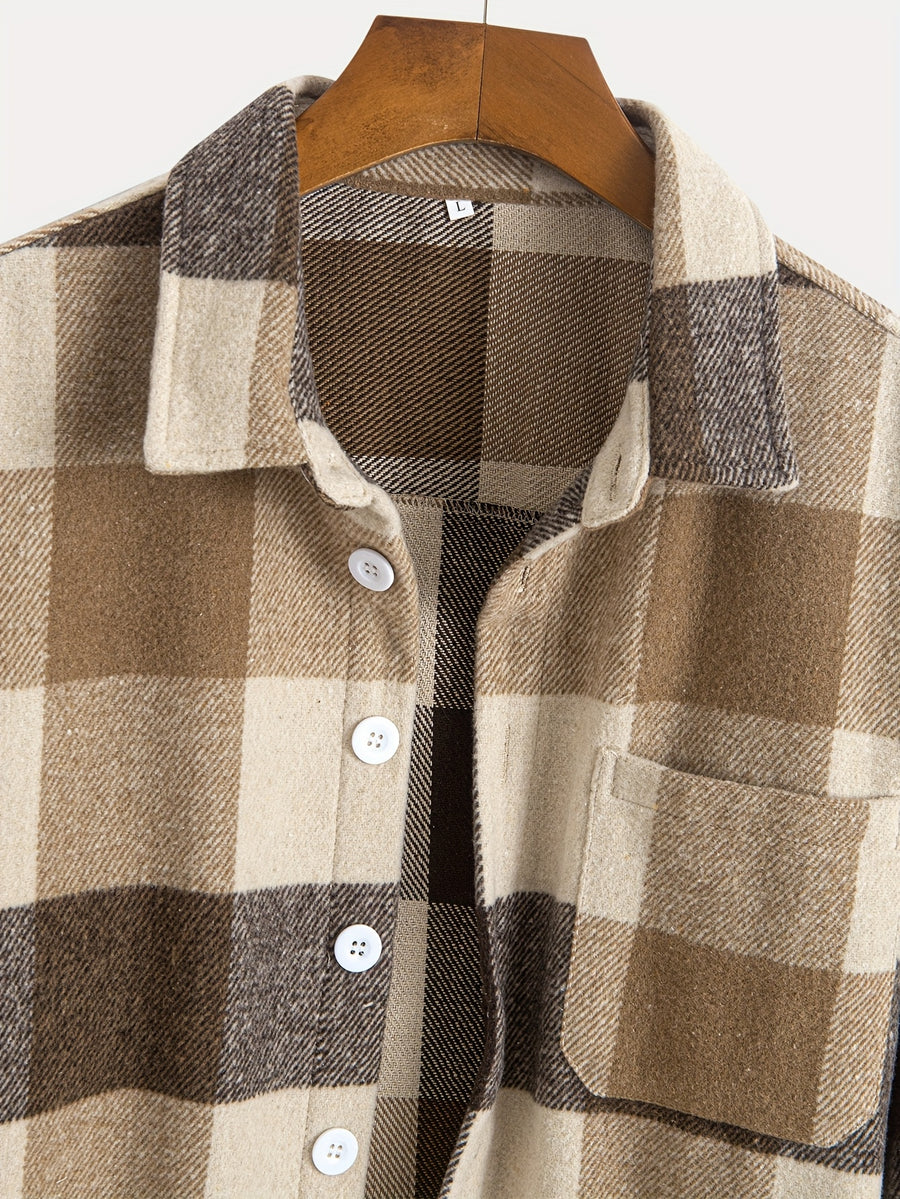 1pc of Plaid Casual Jacket, Casual Sports Jacket, Lapel Button Cardigan Jacket - Coffee Color