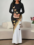 Women's Printed Elegant Round Neck Long Sleeve Dress - Black