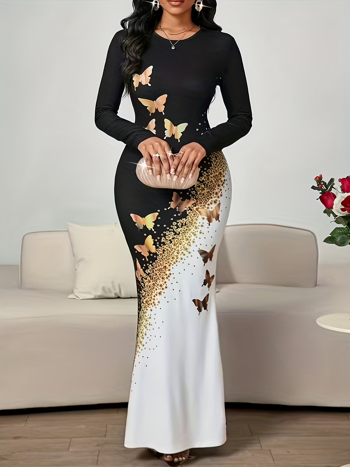 Women's Printed Elegant Round Neck Long Sleeve Dress - Black