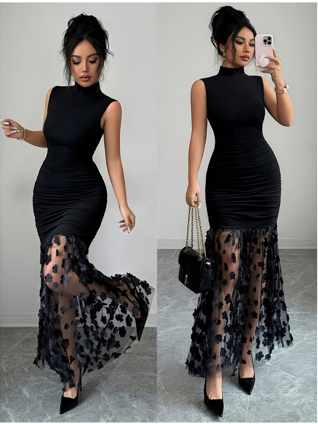 Elegant, Exquisite And Fashionable Women'S Solid Color High Neck Sleeveless Fishtail Dress, Women'S Bridesmaid Dress - Black