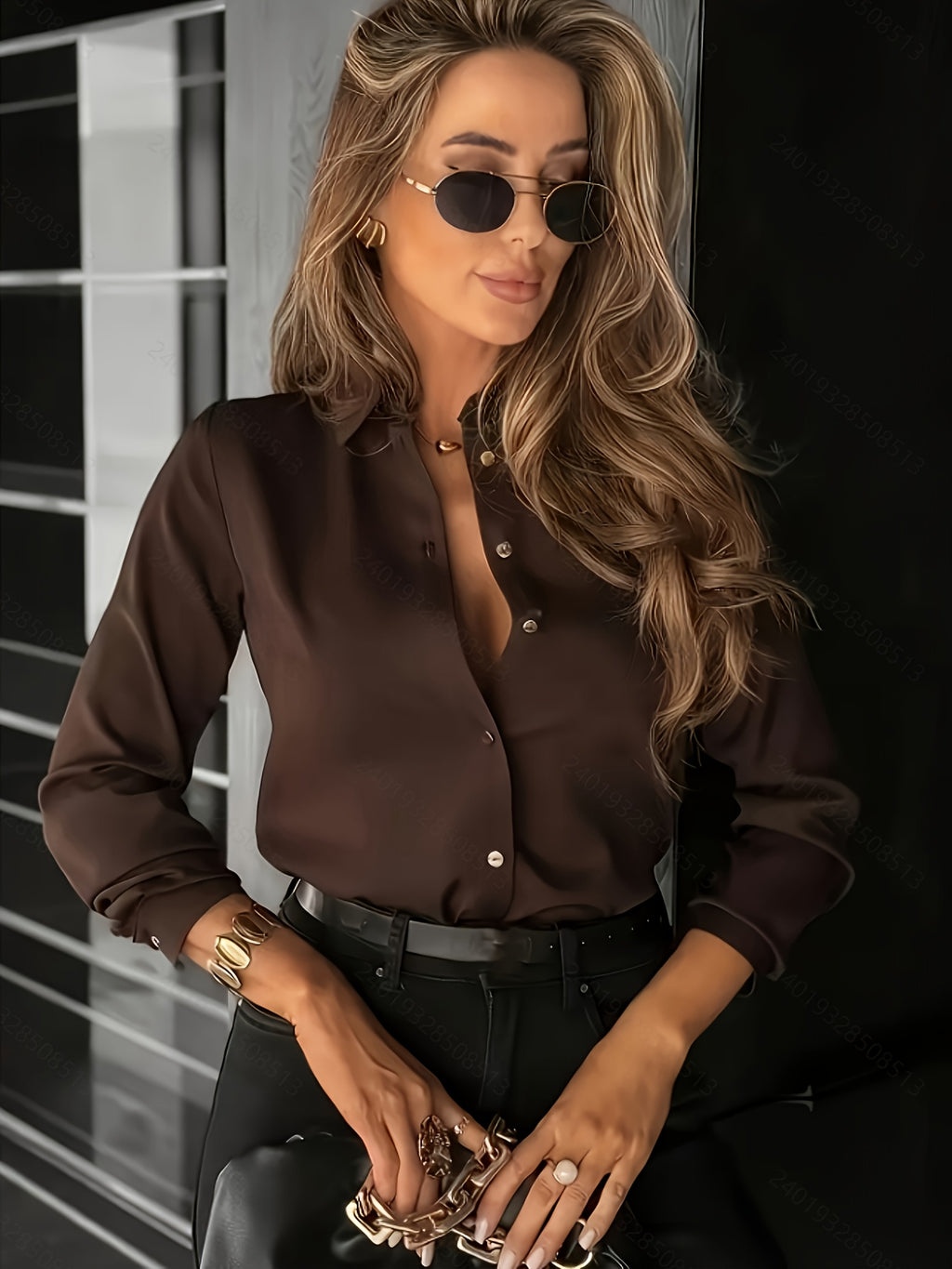 Women'S Fashion Casual Elegant Solid Color, Daily Commute Versatile Top Shirt - Coffee Color